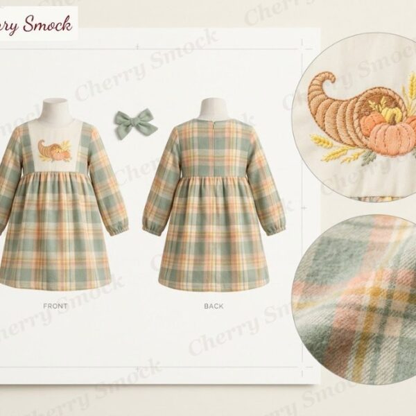 Cherrysmock Thanksgiving Girls Hand-Embroidered Cornucopia Empire Dress – US Collection #G10 (CS-US-THANKSGIVING-G10)