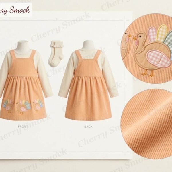 Cherrysmock Thanksgiving Girls Machine-Embroidered Turkey Applique Jumper Set – US Collection #G11 (CS-US-THANKSGIVING-G11)