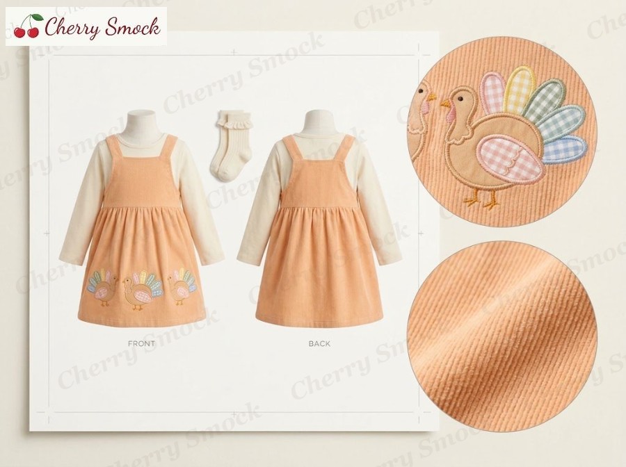 Machine-Embroidered Turkey Applique Jumper – Cherrysmock Thanksgiving Girls Machine-Embroidered Turkey Applique Jumper Set – US Collection #G11 (CS-US-THANKSGIVING-G11)