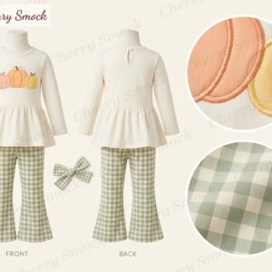 Cherrysmock Thanksgiving Girls Machine-Embroidered Pumpkin Trio Two-Piece Knit Set – US Collection #G12 (CS-US-THANKSGIVING-G12)