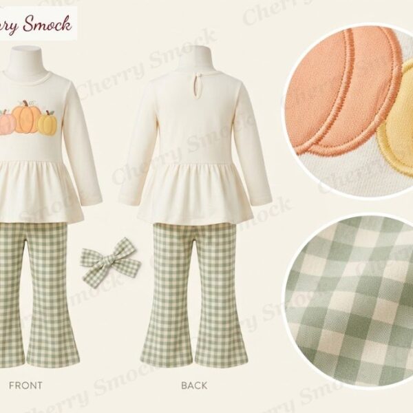 Cherrysmock Thanksgiving Girls Machine-Embroidered Pumpkin Trio Two-Piece Knit Set – US Collection #G12 (CS-US-THANKSGIVING-G12)