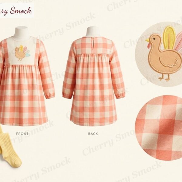 Cherrysmock Thanksgiving Girls Machine-Embroidered Turkey Feather Swing Dress – US Collection #G13 (CS-US-THANKSGIVING-G13)