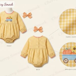 Cherrysmock Thanksgiving Girls Machine-Embroidered Harvest Wagon Bubble Romper – US Collection #G14 (CS-US-THANKSGIVING-G14)