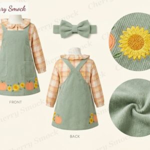 Cherrysmock Thanksgiving Girls Machine-Embroidered Sunflower Patch Corduroy Pinafore Set – US Collection #G15 (CS-US-THANKSGIVING-G15)