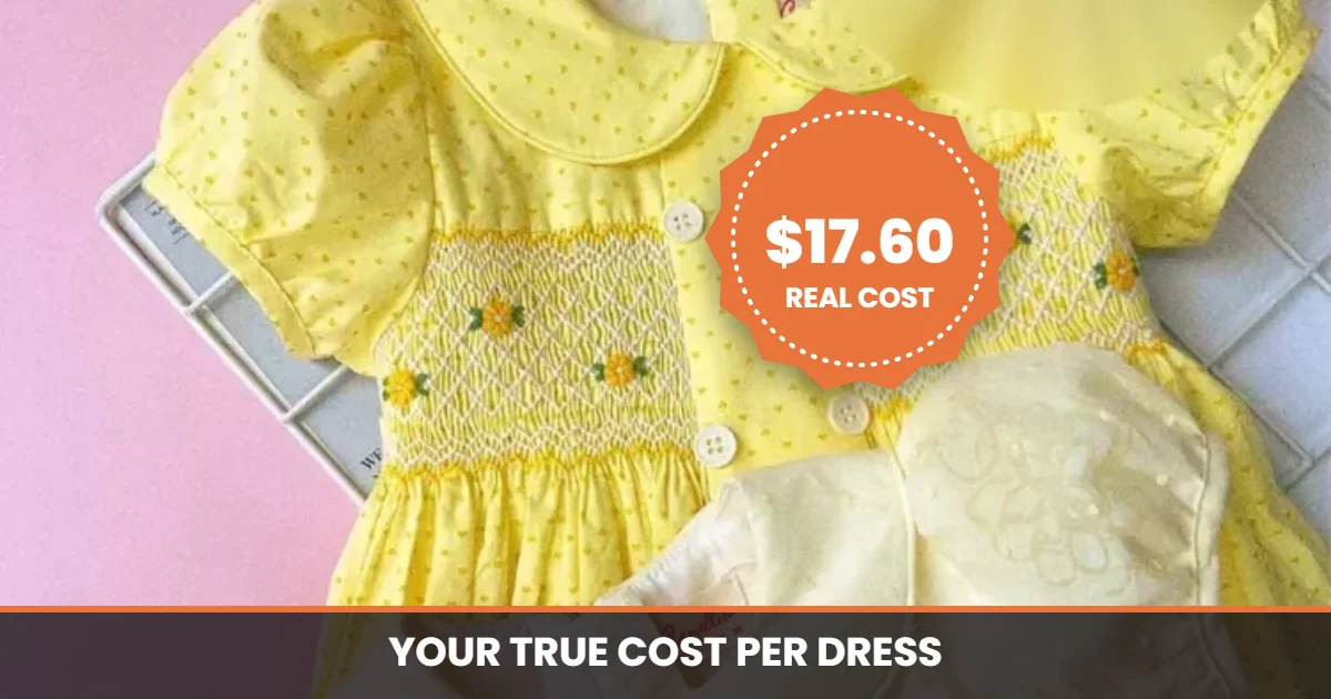 Yellow chrysanthemum smocked dress with a $17.60 landed cost example