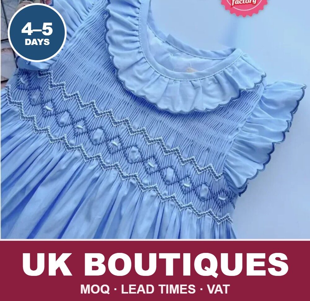 Blue geometric hand-smocked sundress from Cherrysmock for UK boutique wholesale orders
