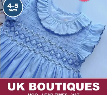 Blue geometric hand-smocked sundress from Cherrysmock for UK boutique wholesale orders