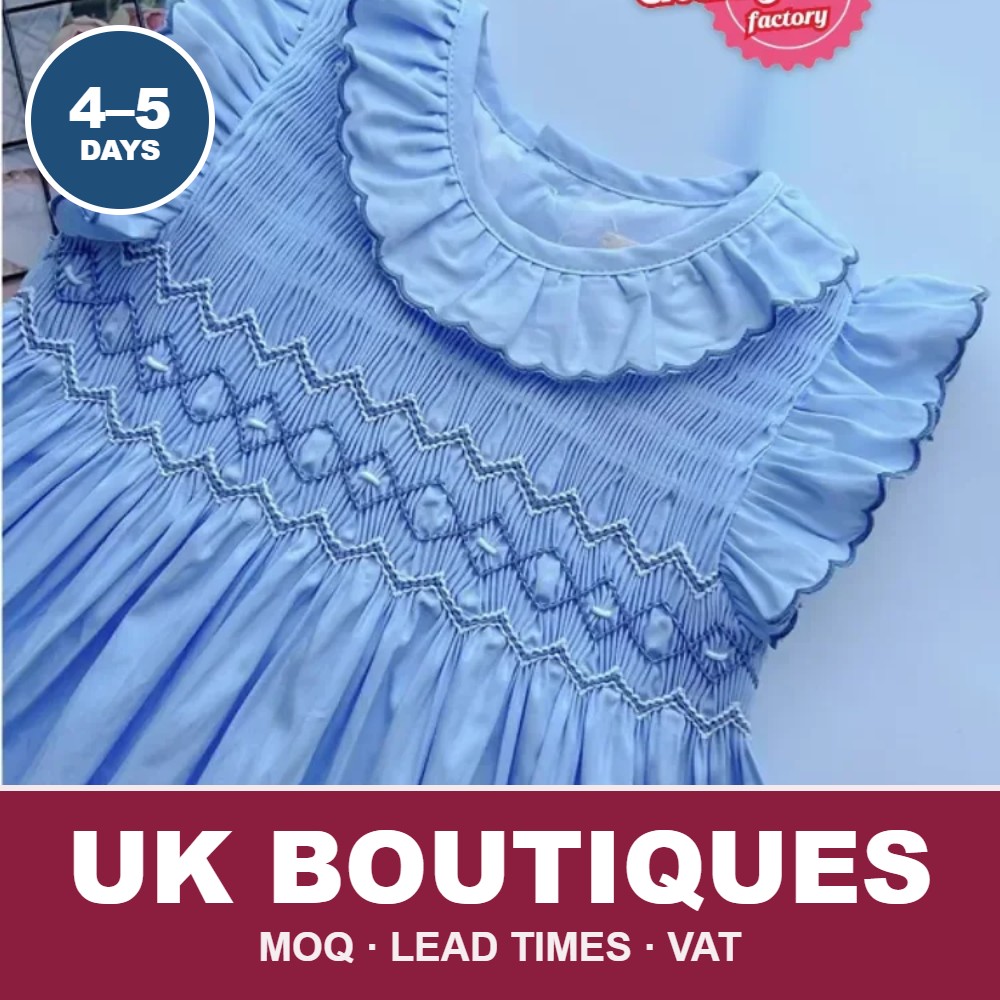 Blue geometric hand-smocked sundress from Cherrysmock for UK boutique wholesale orders