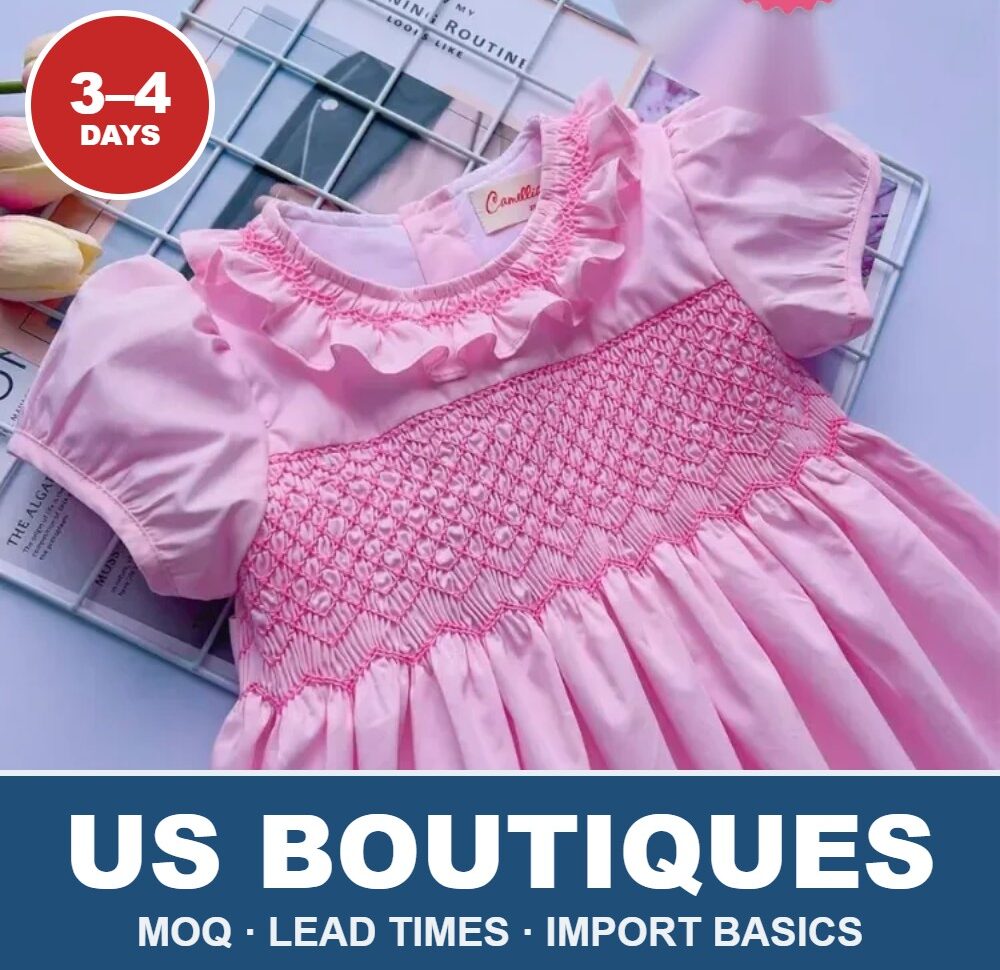 Pink hand-smocked girls dress from Cherrysmock for US boutique wholesale orders